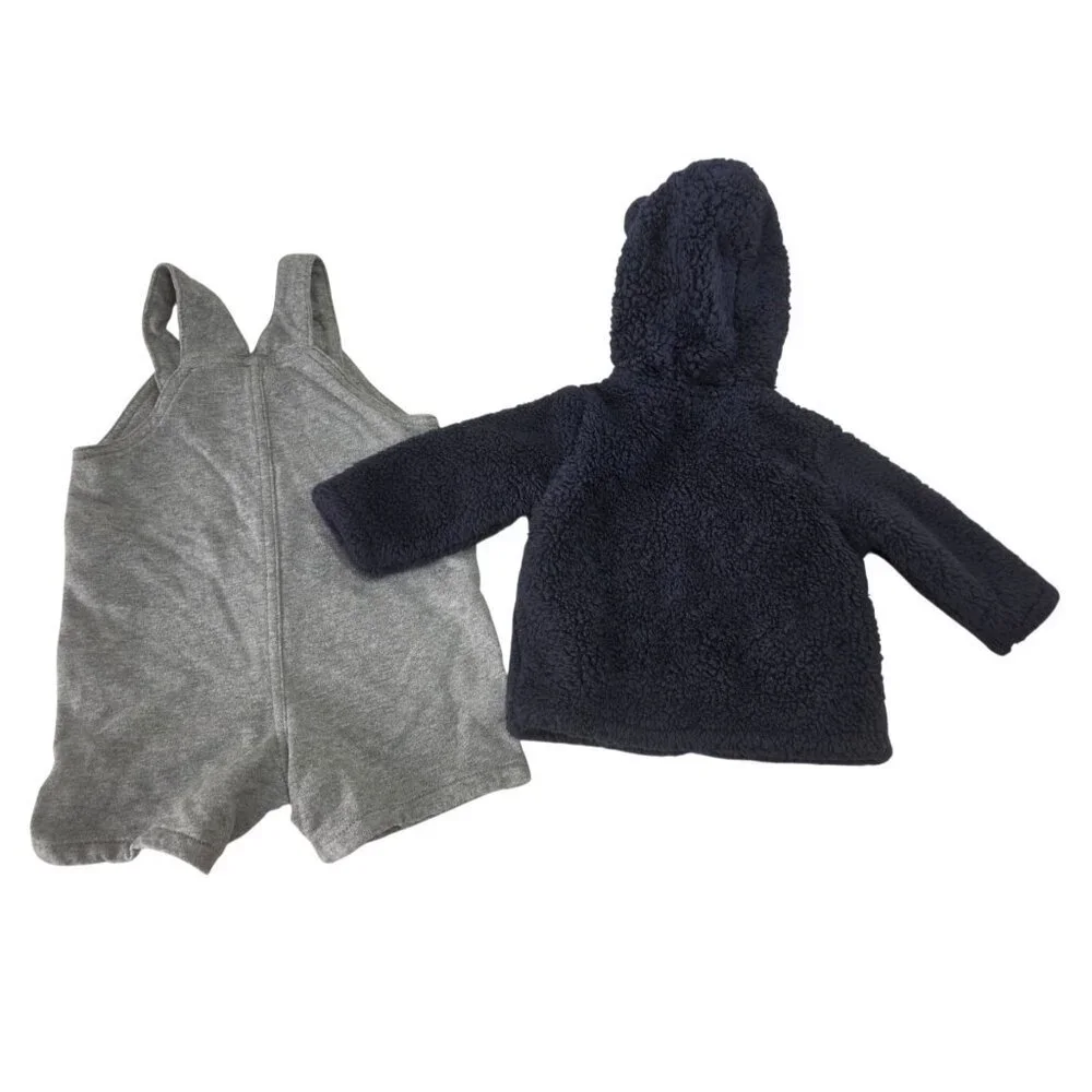 Carters Baby Bundle 6M Navy Sherpa Hood Jacket + 12M Short Romper Gray Blue NWOT